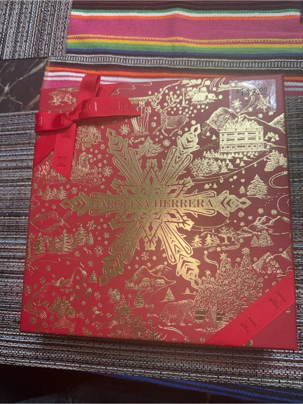 Carolina Herrera Red Gift Box with Gold Snowflake Accents